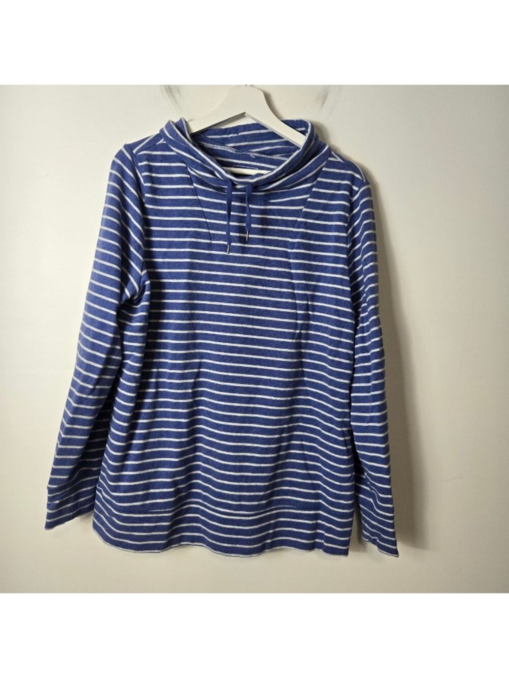 L.L. Bean Women's Size L Ultrsoft Drawstring Funnel-Neck Blue Striped Sweatshirt